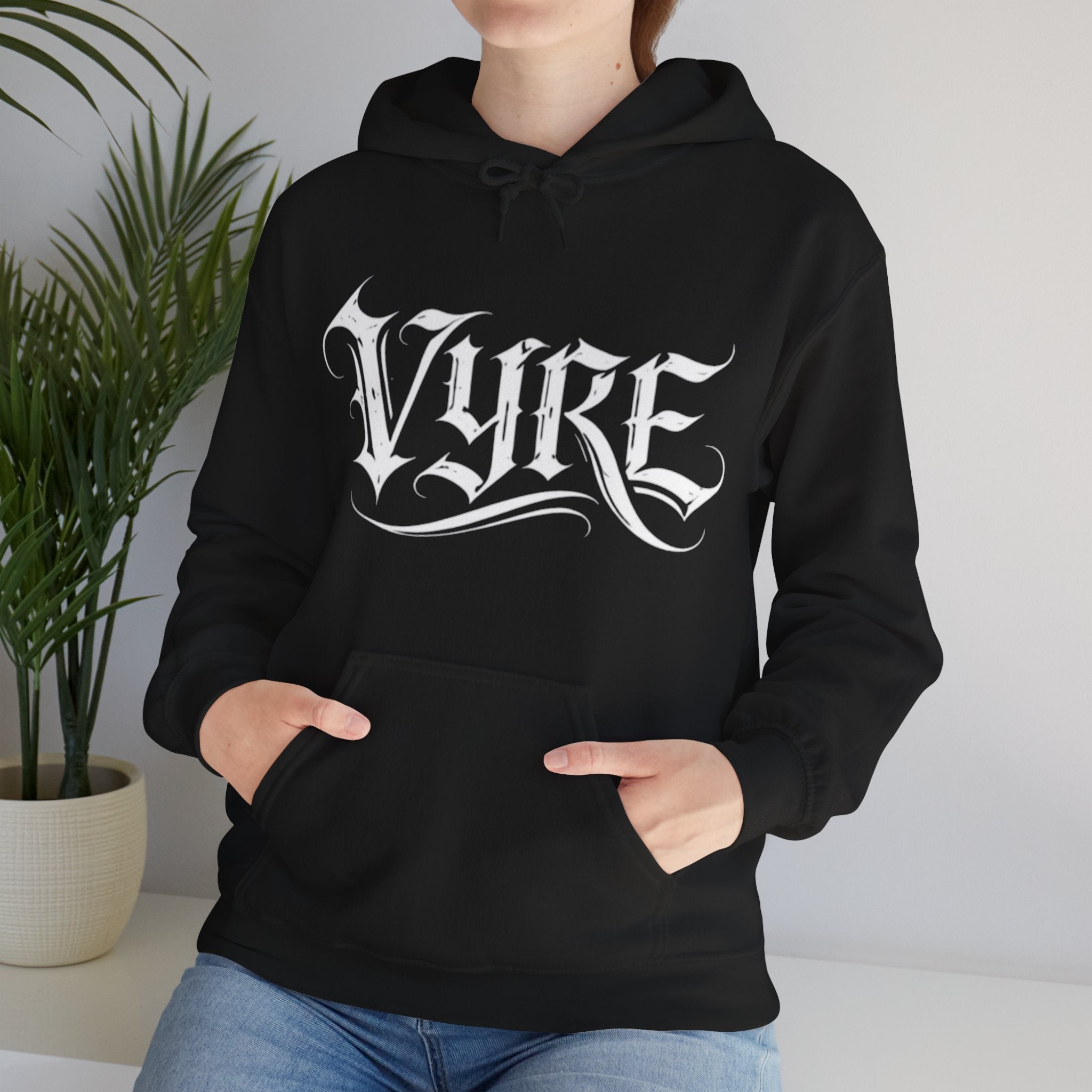 Vyre Gothic Script Hoodie — Black Graphic Hooded Sweatshirt