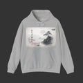 Gray hoodie with a scenic print on a white background