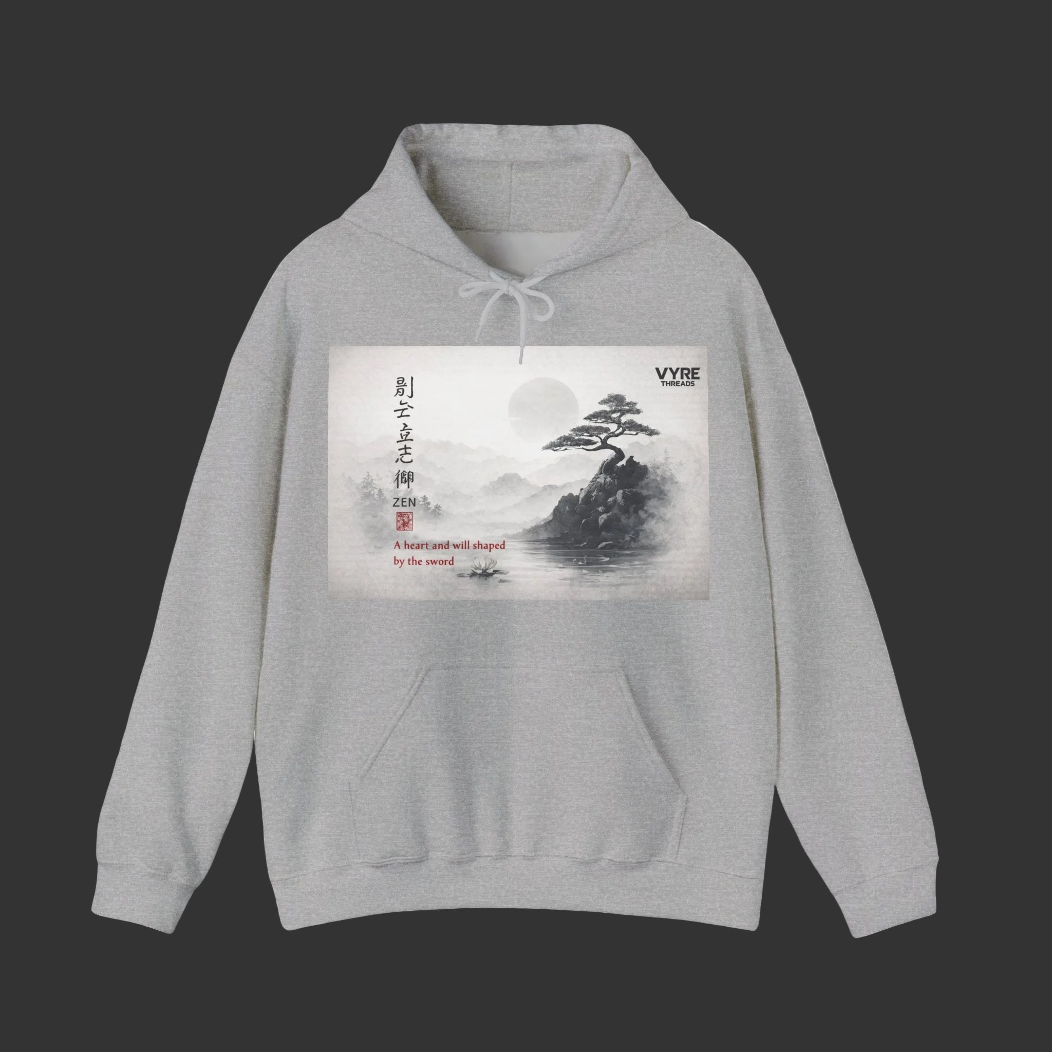Gray hoodie with a scenic print on a white background