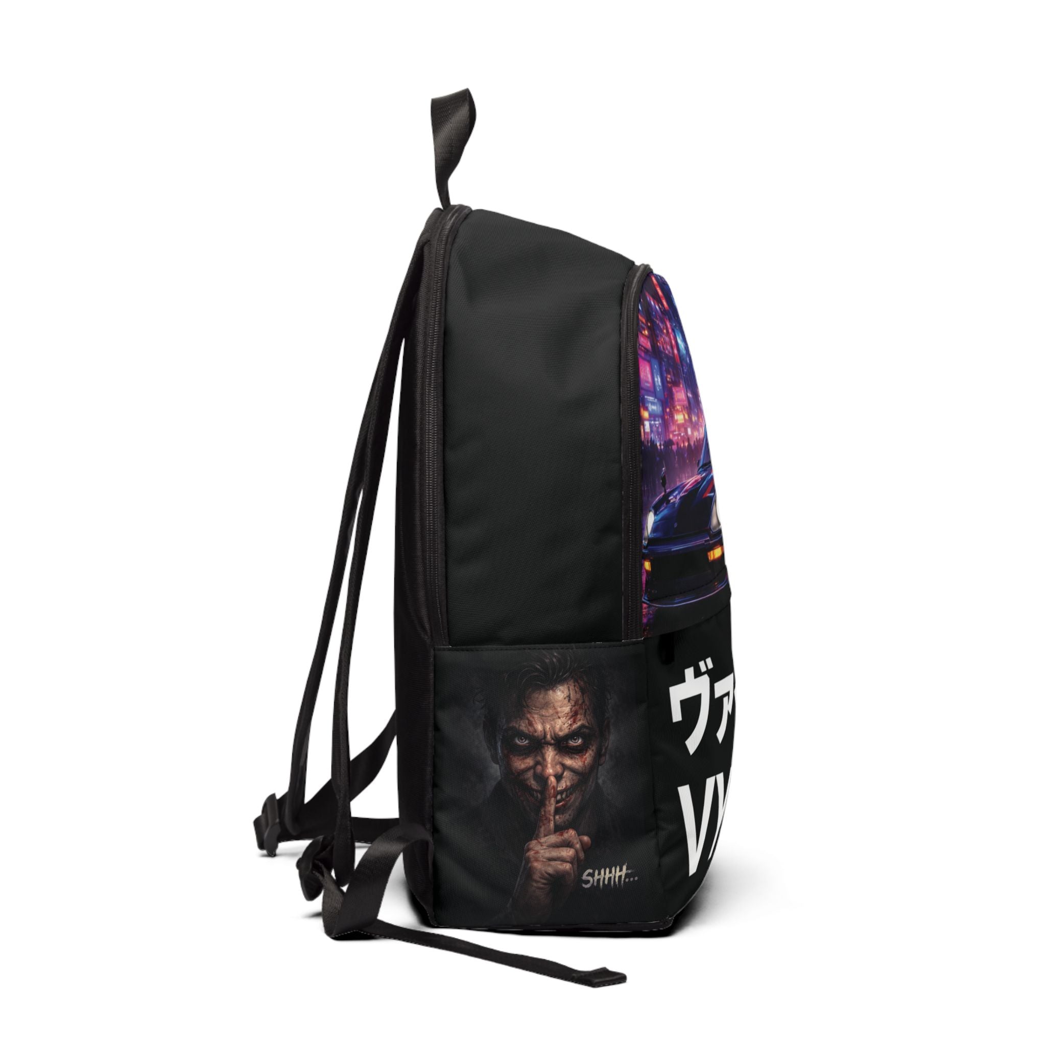 Retro Night Racer Backpack — VYRE Japanese Script Cyberpunk Car Design